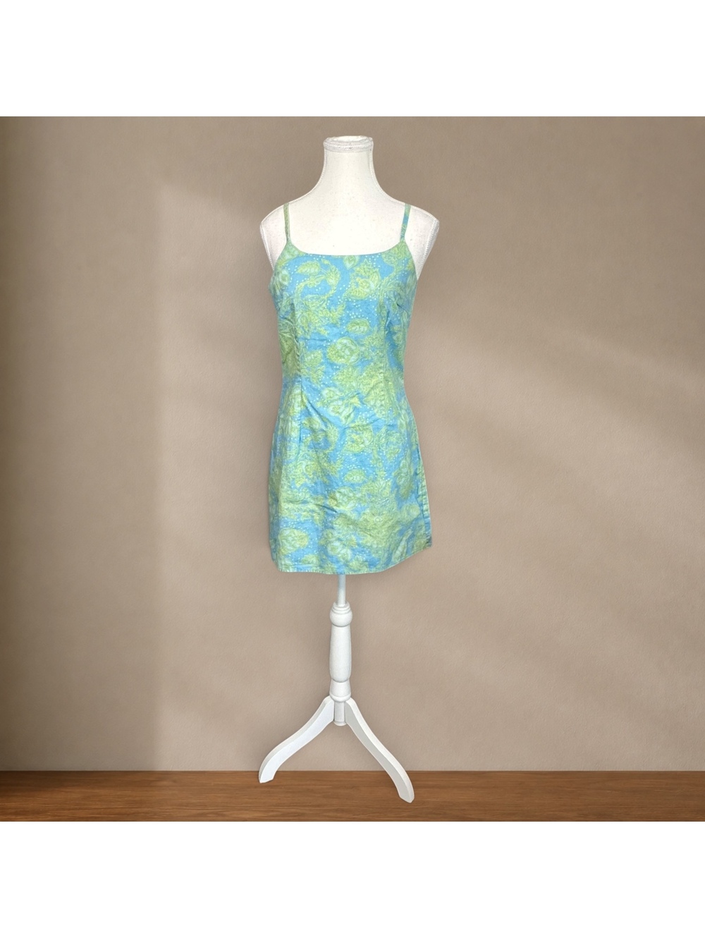 Y2K Blue Aqua Paisley Floral Mini Dress Cottagecore Fairy Grunge Spaghetti Strap